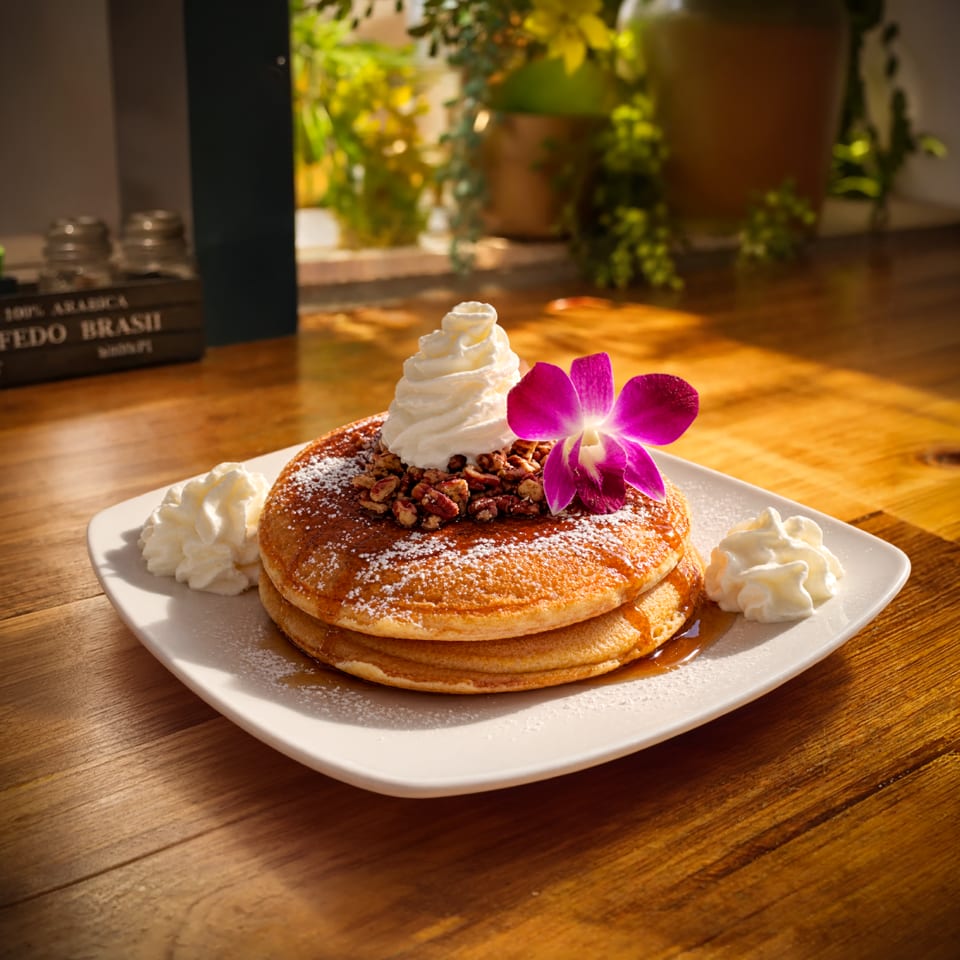 Stack of pancakes topped with whipped cream, pecans, powdered sugar, syrup, and a purple orchid on a white plate.